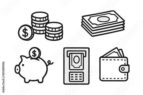 Collection of essential financial symbols including cash coins piggy bank ATM and wallet