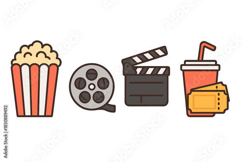 Classic cinema symbols featuring popcorn film reel clapperboard and admission tickets
