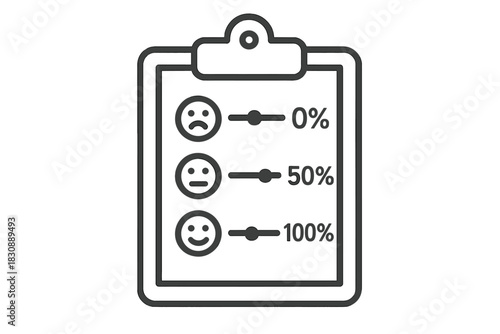 Customer satisfaction survey form on a clipboard with percentage rating scale and smiley faces