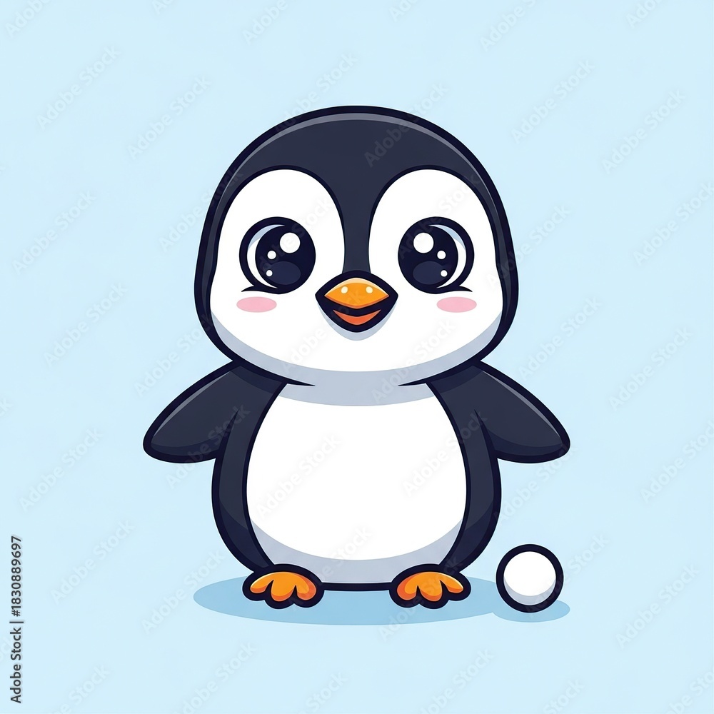 Obraz premium Cute Cartoon Penguin Character with Big Eyes Standing on Light Blue Background