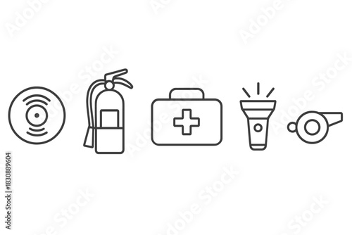 Safety and emergency equipment symbols fire extinguisher first aid kit flashlight alarm