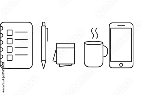 Checklist pen sticky notes coffee mug mobile phone desk accessories set