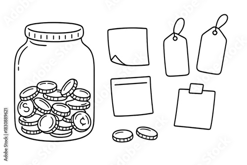 Hand drawn financial planning elements including savings jar, coins, sticky notes, and price tags
