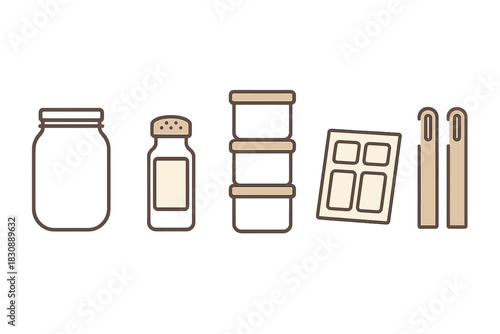 Minimalist collection of kitchen storage containers jar and spice shaker