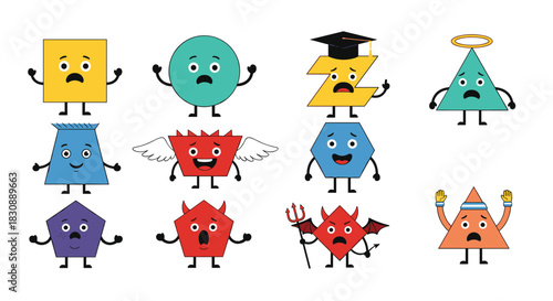 A diverse collection of colorful cartoon geometric shapes with varying emotions and characteristics, depicted as friendly or mischievous characters.