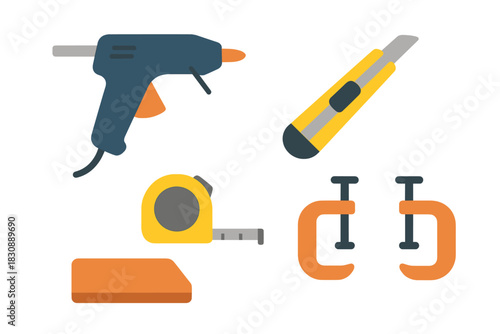 Essential tools collection featuring a hot glue gun, tape measure, utility knife, and C-clamps