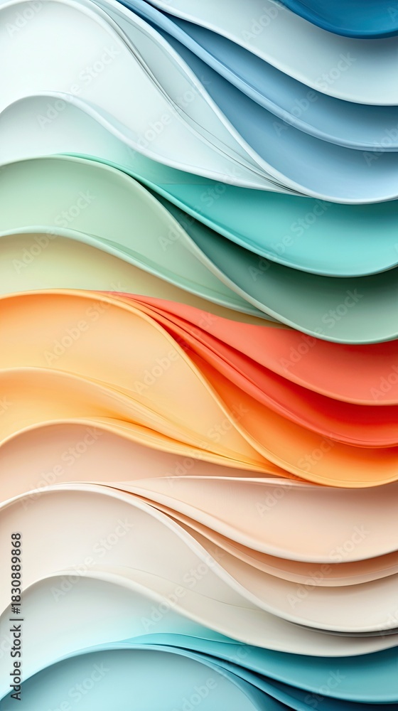Obraz premium An abstract image featuring layered, colorful waves in a gradient pattern. The image showcases a range of pastel and vibrant colors.