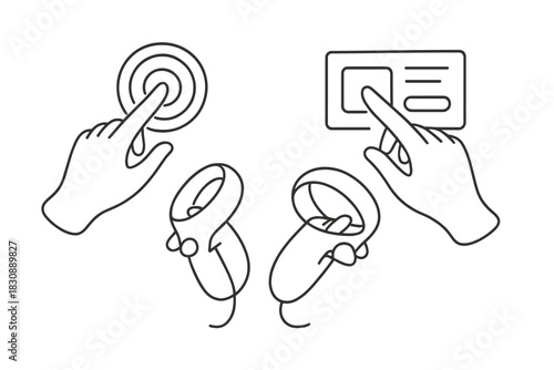 Virtual reality interaction icons depicting tapping, hand gestures, and controller usage