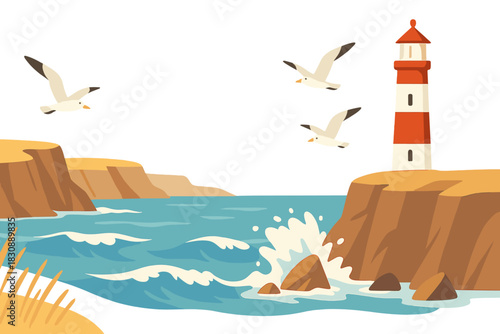 Lighthouse on a rugged cliff overlooking the ocean with seagulls flying above crashing waves