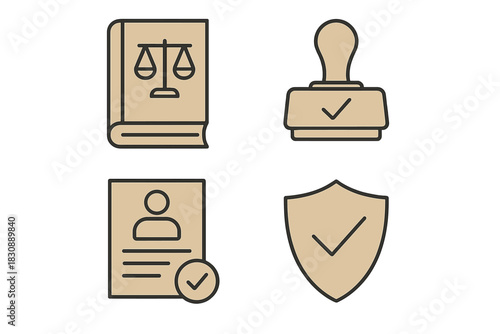 Legal compliance, security, and verification icons set with law book, stamp, certificate, and shield