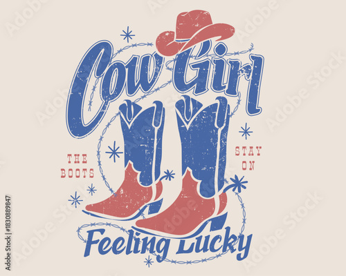 Hand drawing cowgirl boots and head with typography slogan. westran women's girl's tee shirt sweatshirt vector graphics design.