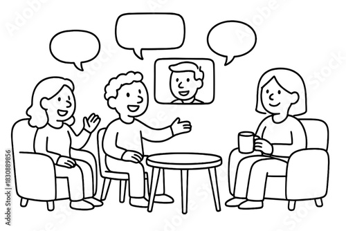 Hybrid meeting setup with people sitting around a table communicating and video conference screen