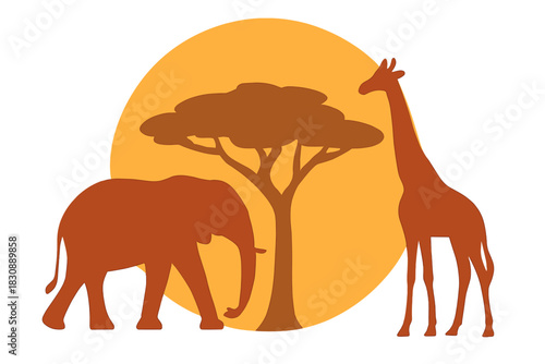African safari animals silhouette with elephant, giraffe, and acacia tree at sunset