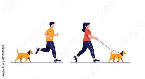 A man runs with his dog, while a woman walks her dog on a leash, depicting active pet ownership and outdoor fitness activities.