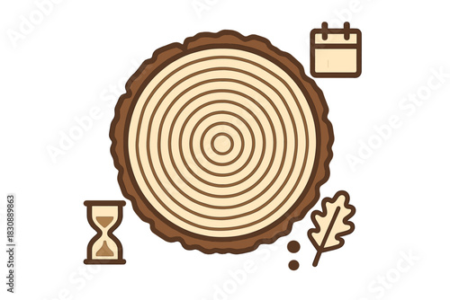 Tree rings cross section symbolizing age and time with hourglass and calendar icons