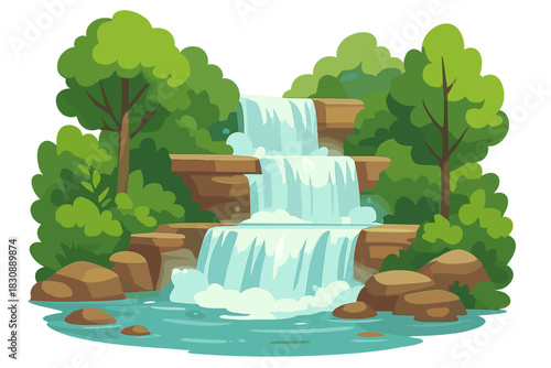 Multi-level waterfall cascading down rocky cliffs into a clear stream