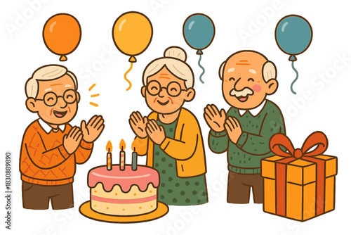 Joyful senior couple and friend celebrating a birthday with cake and presents