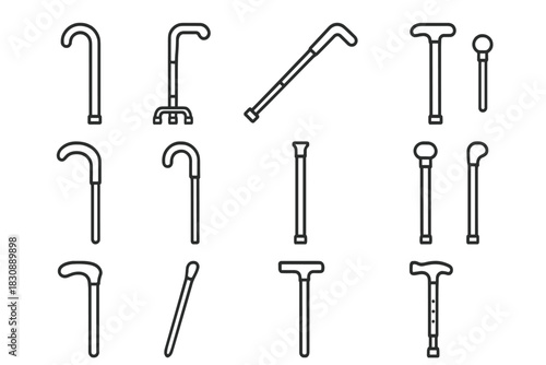 Different types of medical walking canes and mobility sticks outline icons