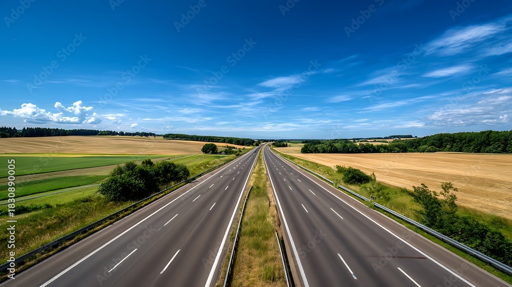 Fototapeta premium Long straight highway stretching into the distance under a blue sky