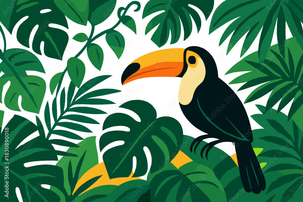 Naklejka premium Colorful toucan bird perched among vibrant green tropical jungle foliage and lush leaves