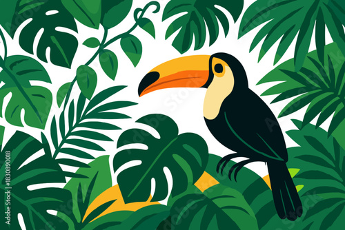 Colorful toucan bird perched among vibrant green tropical jungle foliage and lush leaves