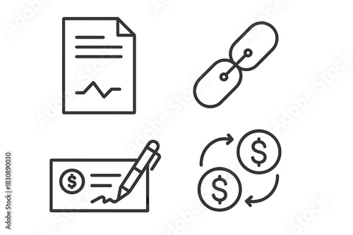 Set of outline icons for financial documents, contracts, currency exchange, and secure links