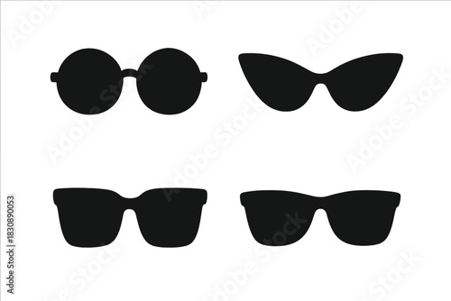 Variety of fashionable black sunglasses shapes including retro round, cat eye, and modern square frames