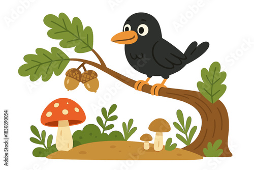 Cute black bird sitting on an oak branch surrounded by acorns and forest mushrooms