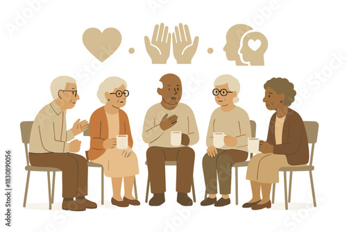 Diverse senior adults in support meeting with icons of empathy and mental health