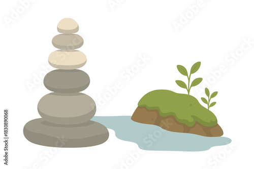 Stacked smooth river stones balanced next to a small mossy island with green sprouts and flowing water