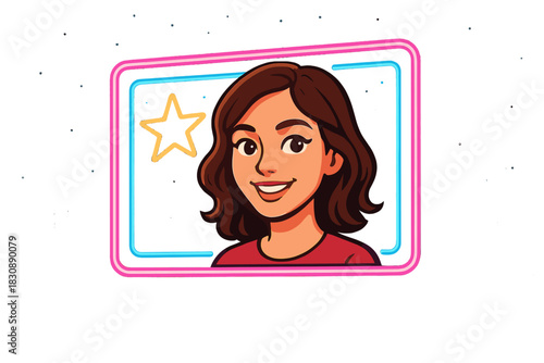 Smiling young woman avatar portrait framed by bright neon lines and a star symbol