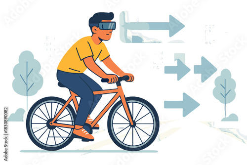 Young man cycling outdoors wearing virtual reality headset and augmented reality technology