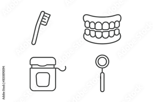 Set of essential dental care and oral hygiene tools including toothbrush, floss, teeth, and mirror