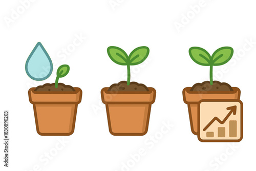 Sequential stages of plant growth in flowerpots symbolizing business success and financial development