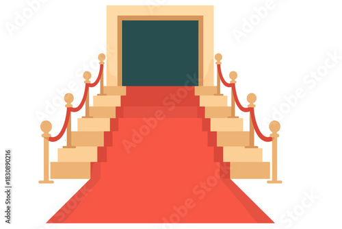 Red carpet entrance with stairs and velvet rope barriers leading to a closed door