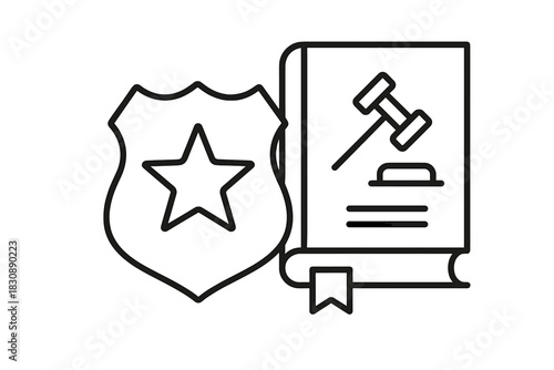 Police badge and law book with gavel symbol representing justice and legal authority concept