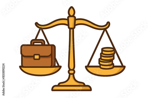 Briefcase and gold coins balancing on a scale symbolizing career and financial success