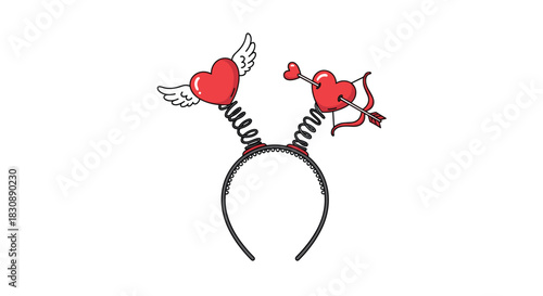 A festive Valentine's Day headband featuring bouncy red hearts, one with angelic wings and the other pierced by a Cupid's arrow, embodying love.