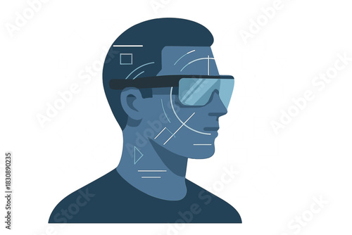 Profile of man wearing smart glasses with digital data display and facial recognition technology