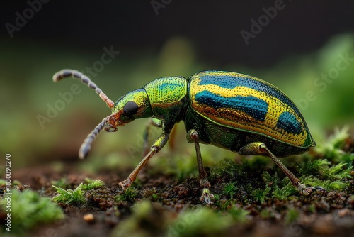 Wallpaper Mural Close-up of a vibrant green and blue beetle with yellow stripes on mossy ground Torontodigital.ca