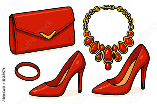 Elegant red high heels, matching clutch bag, and luxurious gold necklace with ruby gemstones