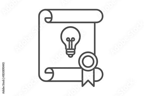 Scroll document with light bulb and ribbon seal symbolizing intellectual property and patent