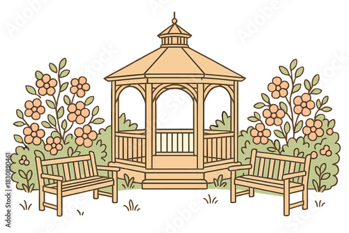 Garden scene featuring a wooden gazebo, symmetrical benches, and lush floral bushes