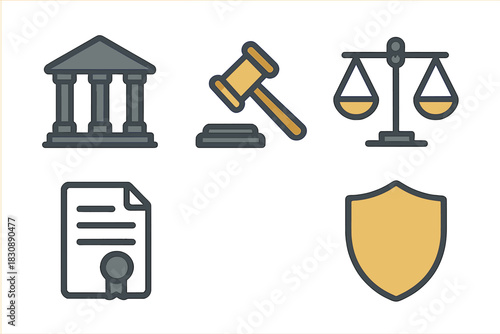 Legal and justice symbols set: scales, gavel, courthouse, certificate, and protection shield