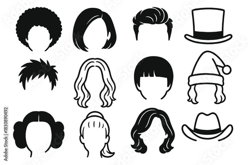 Collection of various hairstyles and hats for men and women in black and white silhouette style