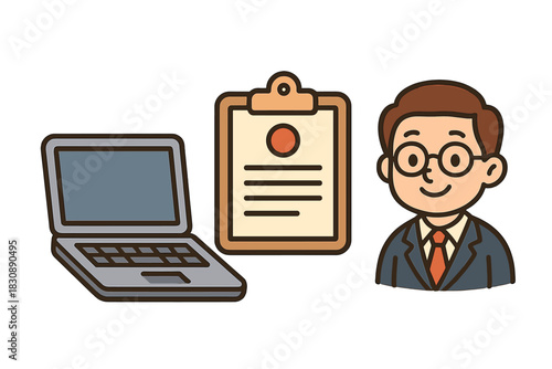 Smiling businessman icon standing beside a modern laptop and official document clipboard