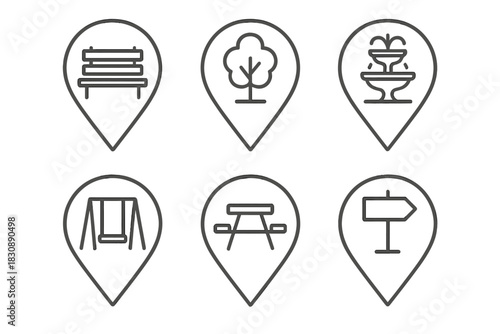 Park and recreation location markers bench tree fountain swing picnic table signpost