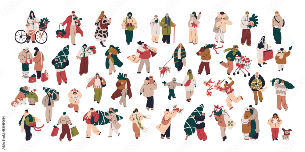 Fototapeta premium Tiny people walking outdoors on winter holiday. Christmas characters on street, men and women with gifts, shopping bags, Xmas trees, dogs, kids. Flat vector illustrations isolated on white background.