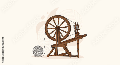 A traditional wooden spinning wheel and a ball of yarn are featured on a light background, illustrating the art of fiber crafting.