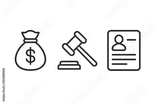 Collection of outline symbols depicting finance, justice, and personal identification concepts